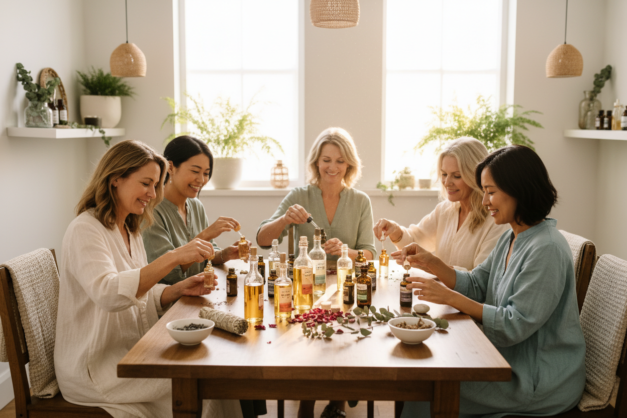 Middle-aged women making natural face oils